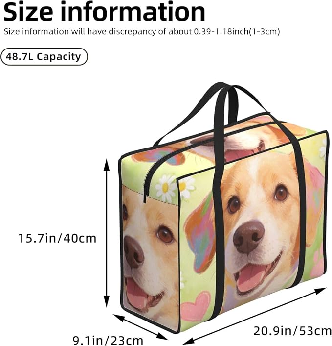 Large Capacity Storage Organizer Bags Pet Colorful Doodle Paw Hearts Dog, Foldable Moving Bags with Zippered Tote Design for Under Bed Storage and Home Organization