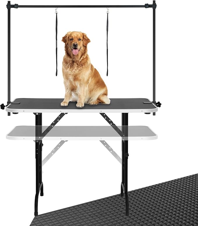 LEIBOU 45'' Height Adjustable(23''~33.8'') and Foldable Pet Dog Grooming Table Heavy Duty Iron Frame with H-Shape Grooming Arm & Noose, Maximum Capacity Up to 260lbs, Black