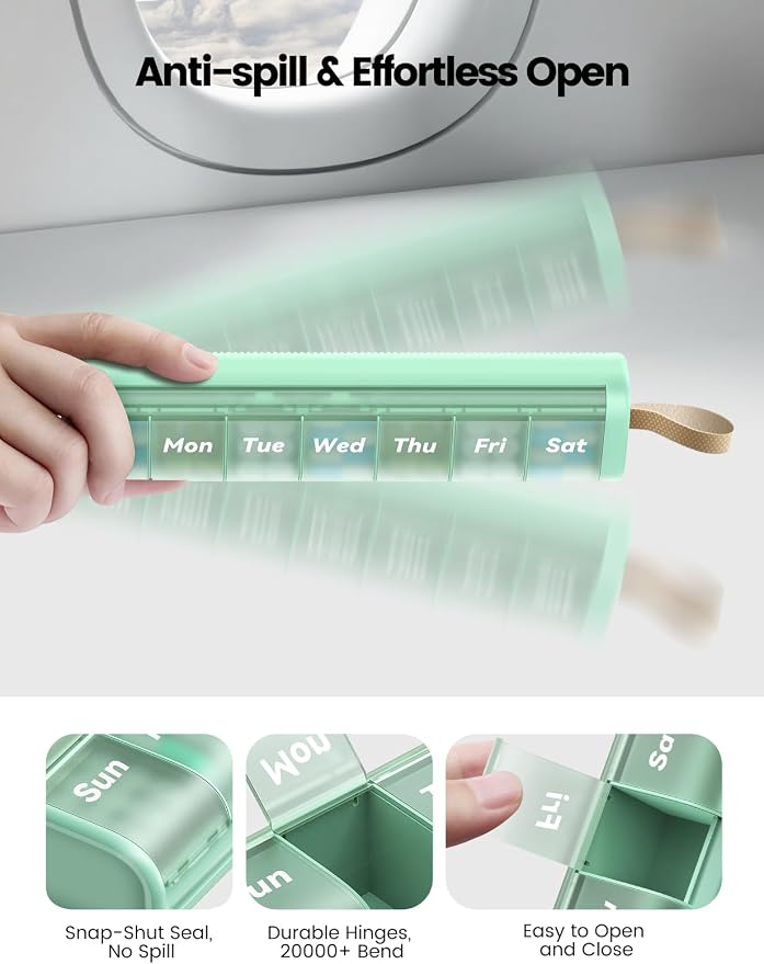 Weekly Pill Organizer, 7 Day Once Daily with Desiccant Chamber | BPA-Free, Easy Open Lids, Spill-Resistant, Compact Travel Case with Portable Handle, Green