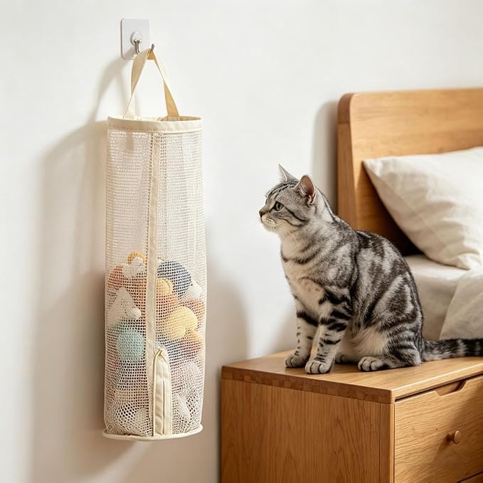 2026 New Pet Toy Storage Bag, Wall-Mounted, Space-Saving Organizer with Bottom Opening for Cat Wand Toys and Dog Toys (#B)