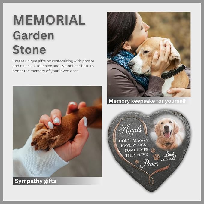 Wrappiness Pet Memorial Stone - Angels Sometimes Have Paws, Personalized Dog Memorial Gifts, Remembrance Condolences Bereavement Gifts for Loss of Pet Custom Photo (Heart 02, Stone)