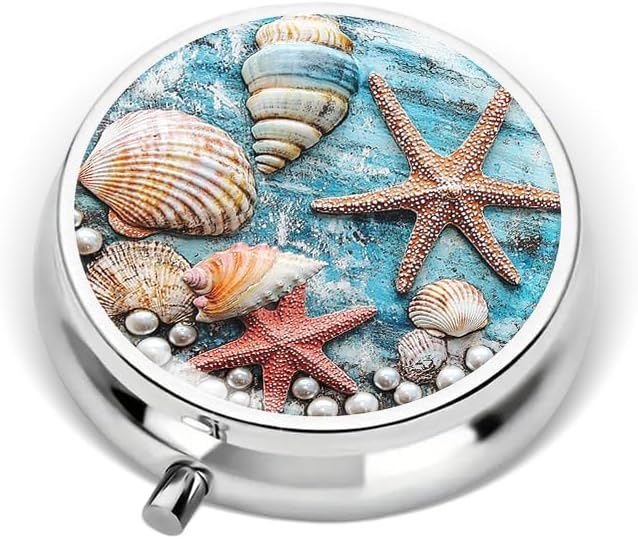Portable Round 3 Compartment Metal Pill Box Beautiful Marine Style with Starfish Shells and Pearls for Travel Organizing Beach Trips and Home Decoration