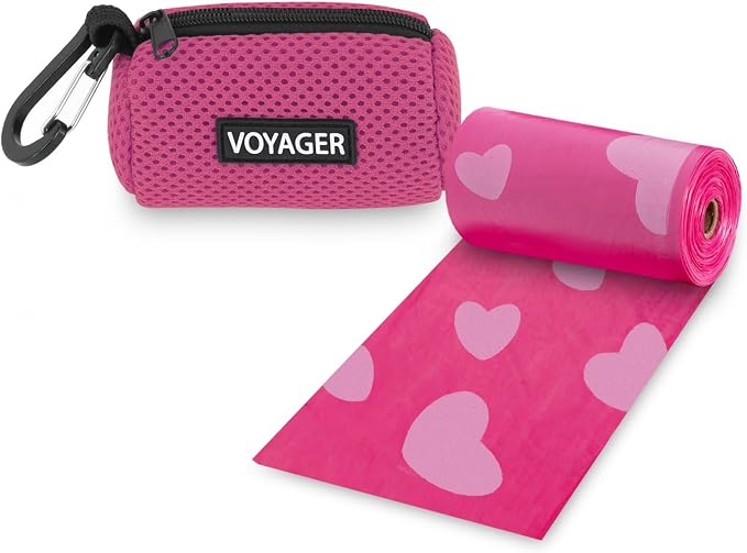 Best Pet Supplies Dog Poop Bag Holder Leash Attachment with Reusable Dispenser for Travel, Walking, Park, and Outdoor Use, Durable with Clip-On - Fuchsia, Mesh Dispenser w/15 Bags