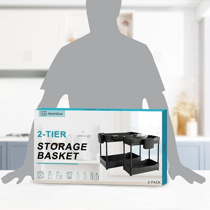 2-Pack Under Sink Organizer with Hooks & Hanging Cup for Kitchen | Multi-use kitchen & bathroom storage, 12.8 inch black cabinet organizer, with hooks and hanging cup for easy access.