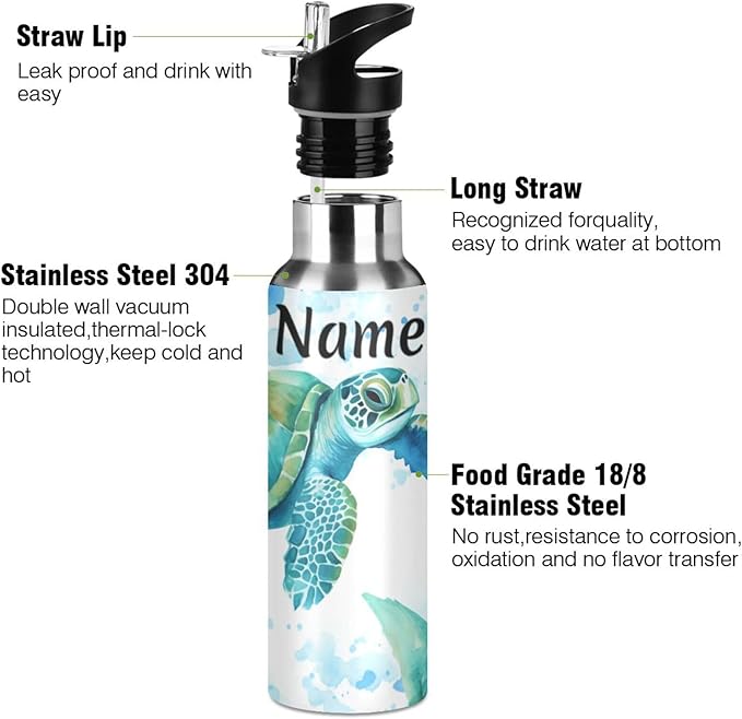 Custom Name Sea Turtles Teal Water Bottle with Straw Lid Kids Insulated Stainless Steel Water Flask Sports, 20 Oz Hot Cold