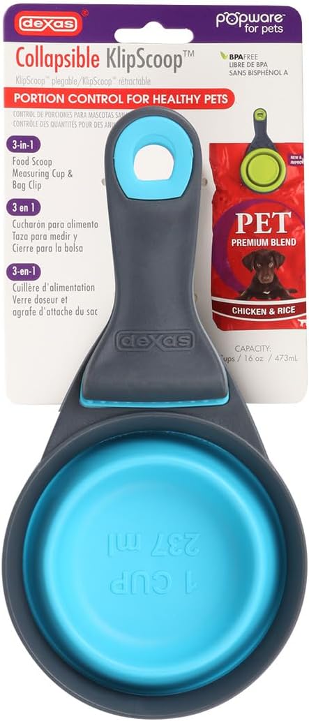 Dexas Popware for Pets Collapsible Klip Scoop, 3-in-1 Pet Food Scoop, Measuring Cup and Bag Clip, 1 Cup Capacity, Blue