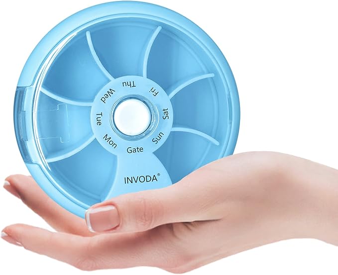 4PCS INVODA Weekly Pill Organizer 7 Compartment Rotating Pill Box for Daily | Cute Round Pill Organizer Fit purse pocket or backpack Portable Travel Pill Case for Fish Oil Supplements Vitamins Medication