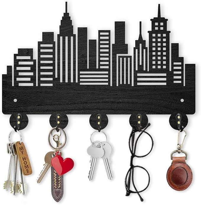 MAYJOYDIY Wood City Skyscraper Coat Rack Wall Mount 11.8×7.9inch Modern City Building Key Holder for Wall 5 Alloy Hooks Wall Art Decor Black Hook Rack for Office Entryway Living Room Gift