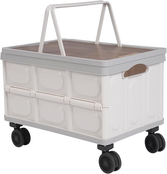 Foldable Crate Cart, 14.53 Gal Portable Wheeled Tote Basket Shopping Storage Trolley Case with 4 360° Rotatable Wheels & Long Handle Capacity 35 Kg/77.16 Lbs for Both Outdoor and Indoor (Grey)