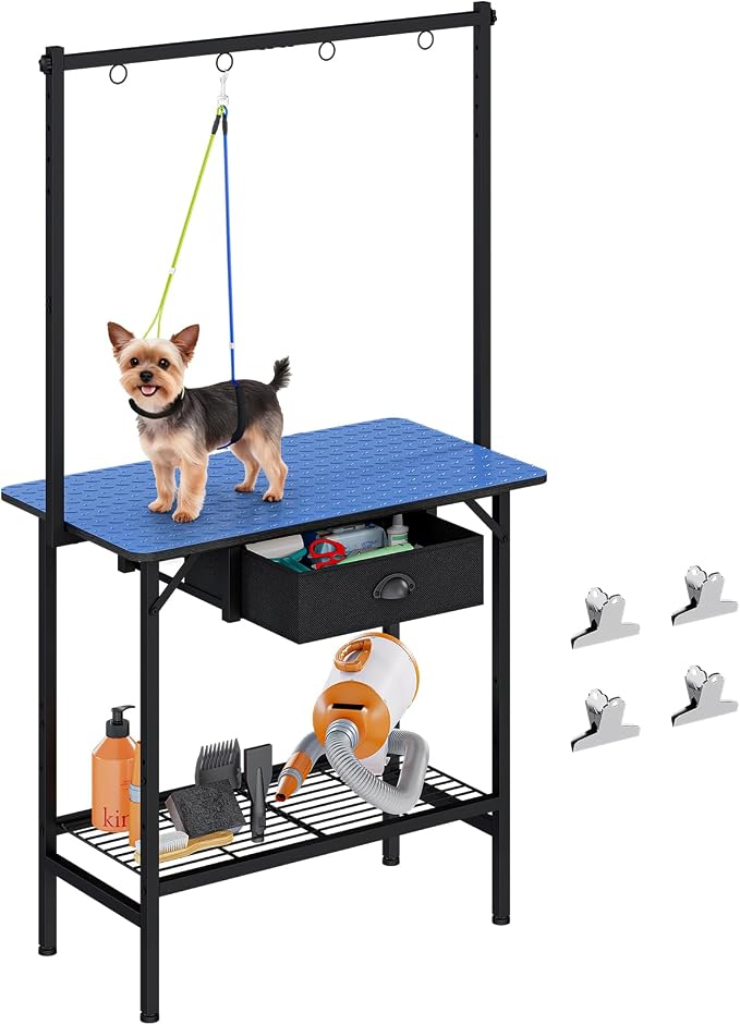 32-Inch Dog Grooming Table with Drawer & Mesh Tray,Adjustable Pet Grooming Table with Non-Slip Removable Washable Mat & EVA Protective Lanyard, Professional Grooming Table for Small Dog at Home（Blue）