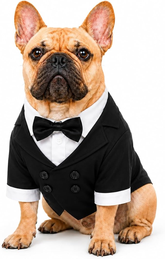 Lovelonglong Bulldog Costume Dog Suit Formal Tuxedo with Black Bow Tie Wedding Clothes for Pugs/French Bulldog/English Bulldog/American Pit Bull Black B-S