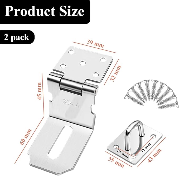 2 Pack 90 Degree Stainless Steel Padlock Door Clasp, 4 Inch Security Lock Latch Hasp, for Garden Wooden Gate, Shed Barn Door, Closets, Cabinets, Pet Cage, Storage Box, Silver