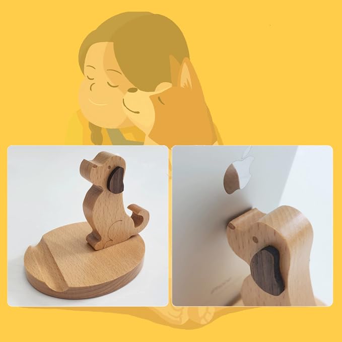 Cell Phone Tablet Wooden Stand Dock Holder Cradle Mount Organizer Charger Station Table Desk Room Office School Kitchen Non-Slip Wood (Dog)