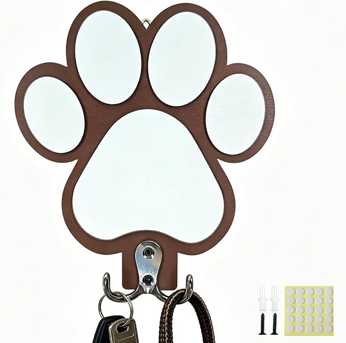 Rustic Wooden Dog Leash Holder Wall Decoration, Cute 3D Puppy Paw Wall Mount Hanger Organizer Hooks for Home Decor, Farmhouse, Coat Rack, Keys, Harness, Collars, Entryway, Pet Lover Gift（Brown）