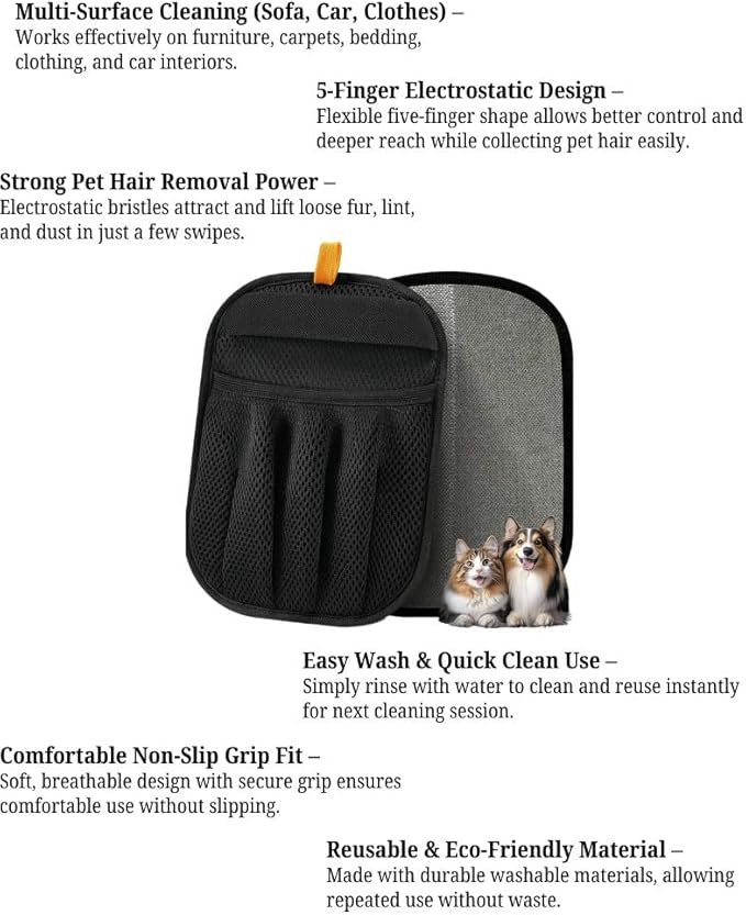 3pcs Pet Hair Removal Gloves for Dogs & Cats (2 Gloves + 1 Lint Scraper) | Electrostatic Magic Brush Clothes, Sofa, Carpets, Couch & Car Mats | Reuseable | Thickened | Newly Upgraded Model