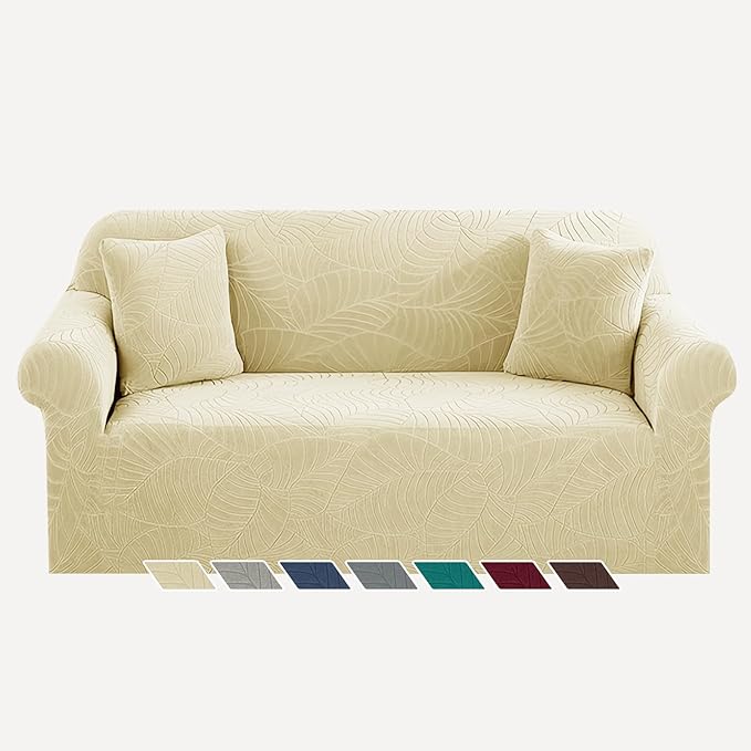 YEMYHOM Couch Cover Latest Jacquard Design High Stretch Sofa Covers for 2 Cushion Couch, Pet Dog Cat Proof Loveseat Slipcover Non Slip Elastic Furniture Protector (Medium, Begonia Leaf Beige)