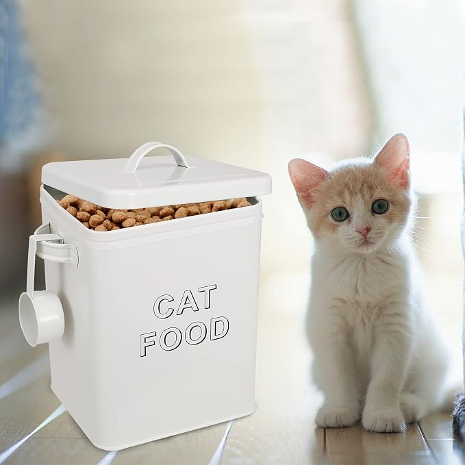 Morezi Metal Cat Food Container with Scoop 5-7 lb, Airtight Pet Food Bin | 25 Cups Cat Kibble Canister with Food Scoop, Sturdy Iron Body, Powder Coated, Airtight Bamboo Lid, Two Side Handle-White