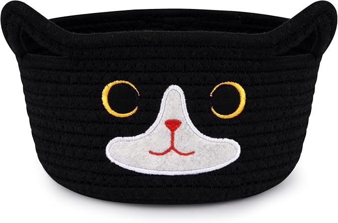 Cat Basket for Nursery, Small Storage Basket,Black Woven Rope Cotton Basket | Baby Blanket Bin with Cat Ears Handles, Animal Blanket Towel Halloween Decor Storage Bins, 8.2" x 4.7" IN