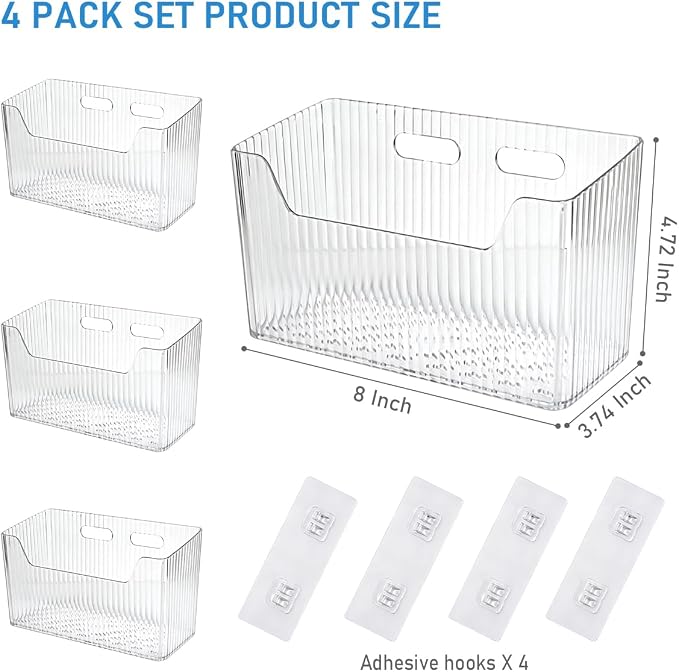 4 Pack Cabinet Door Organizer, Adhesive Wall Mounted Stackable Clear Storage Basket for Kitchen, Bathroom, Pantry, Under Sink, Office, Tabletop, and Cabinet Door Organization