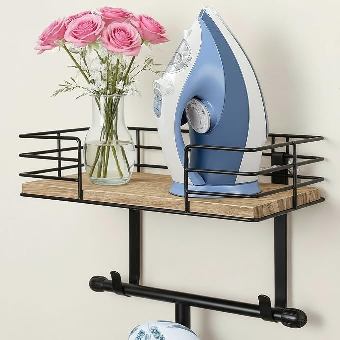 THYGIFTREE Ironing Board Holder Wall Mount and Basket Iron Holder Rack | Heavy-duty metal and wood organizer stores ironing boards, irons and steamers with a shelf, basket and wall-mounted design