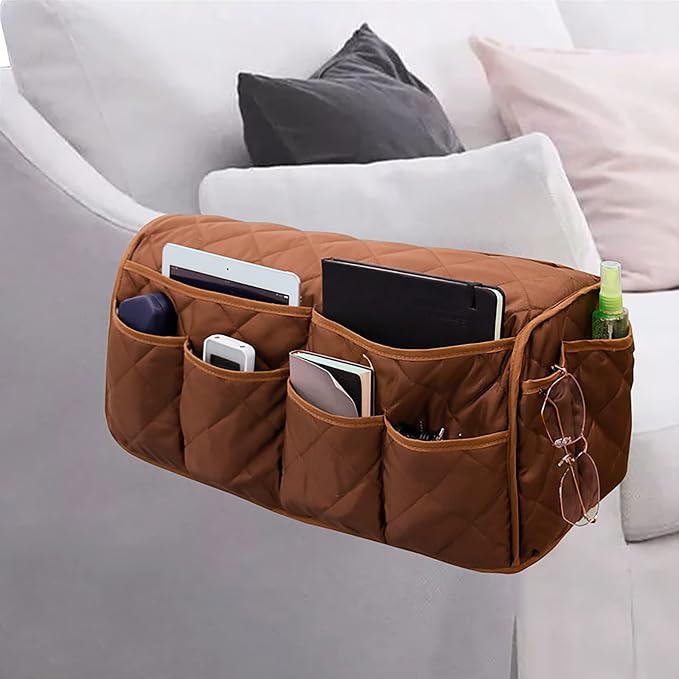 2 in 1 Waterproof Armrest Covers Sofa Arm Organizer with 14 Pockets for Tablet Magazines TV Remote Holder, Anti-Slip Recliner Couch Armchair Slipcover Furniture Sofa Arm Protector Storage Caddy Pouch