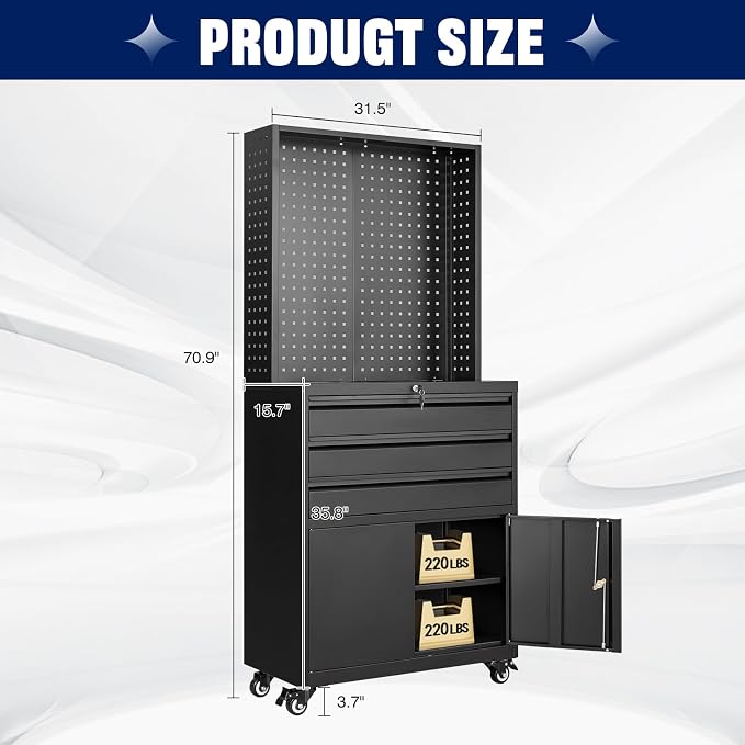 Metal Garage Storage Cabinet with Wheels,3-Drawer Rolling Tool Cabinet with 2 Door and Adjustable Shelves,- 71" Steel Tool Cabinet for Warehouse,Garage,Workshop