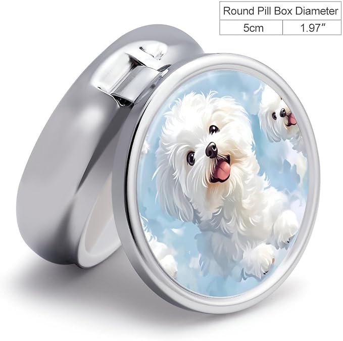 Cute White Dog Metal Pill Organizer with Mirror, 3-Compartment Travel Pill Box, 2-Inch Round Pocket Medicine Case with Secure Latch, Portable Vitamin Holder for Women & Men