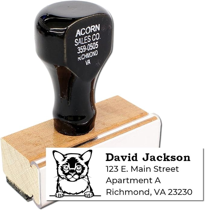 Peeking Burmese Cat Wood Handle Address Stamp - 4 Line Personalized Stamp | 4 lines. Address Stamper for Holiday Cards. Made to Order Burmese Cat Home Address Stamp. 7/8 by 2-1/4 inch imprint.