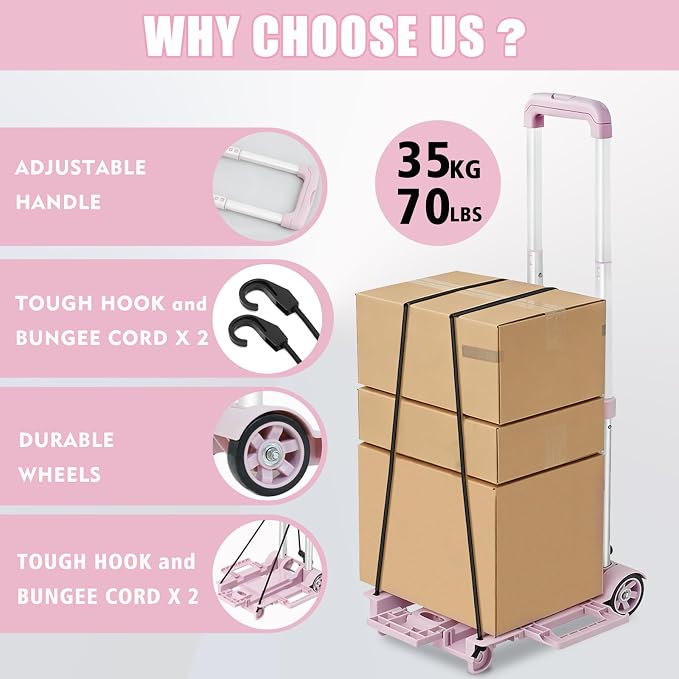 Folding Dolly Pink Hand Cart,Folding Hand Truck Aluminum Trolley | Small Dolly, Foldable Hand Cart 2 Wheel Luggage Trolley Expandable Large Chassis Foldable into Backpack Car Trunk