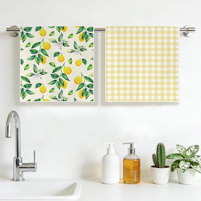 Lemon and Yellow Checkered Kitchen Towels, Quick Dry Multipurpose Waffle Weave Hand Towels for Bathroom, Absorbent Reusable Cloth Tea Dish Towels for Home Decor, Lemon Lover Gift Towel Set of 2
