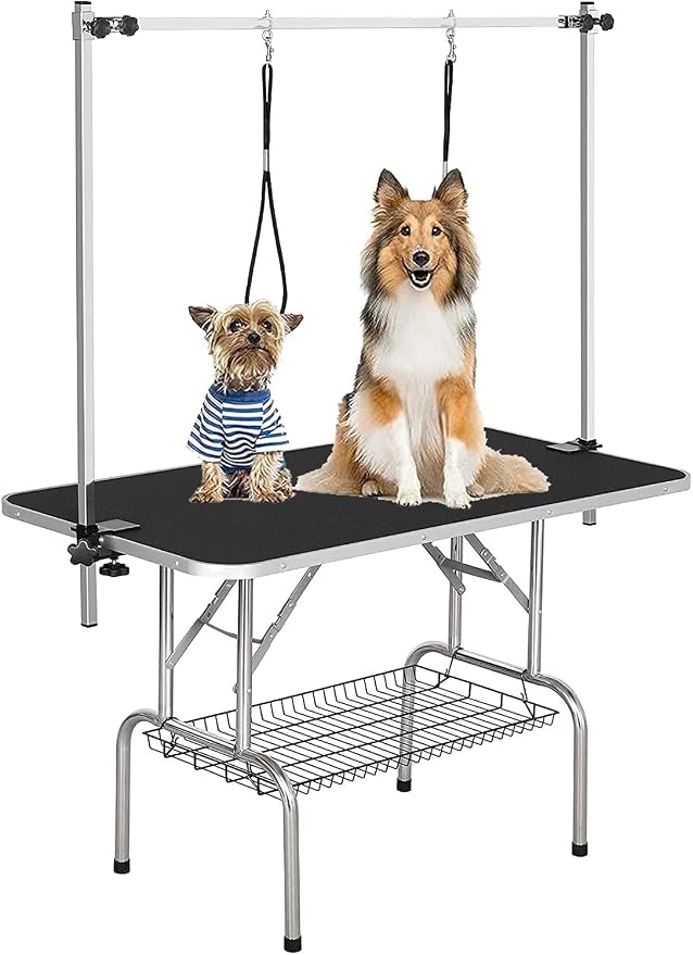 Pet Dog Grooming Table, Adjustable Large Heavy Duty Professional Foldable Trimming Stage with Arms, Noose, Mesh Tray, Maximum Capacity Up to 330LBS, 46''/Black