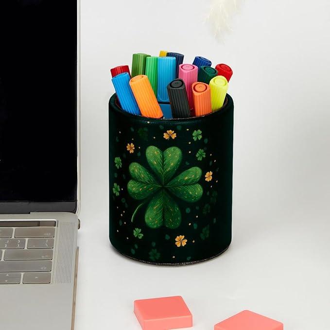 Faux Leather Pen Holder for Desk, Pencil Organizer Cute Clover Pen Cup Desk Decor Makeup Brush Holder Storage for Office Home