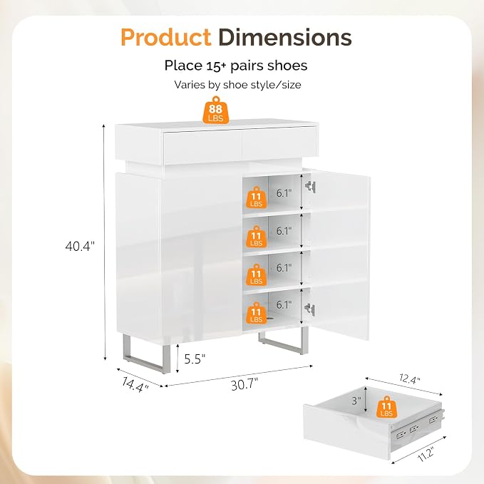 VINGLI Modern White Shoe Cabinet with LED Lights, High Gloss Entryway Shoe Storage Organizer with 2 Drawers & Adjustable Shelves, Freestanding Hidden Shoe Rack for 15+ Pairs, 30.7" W