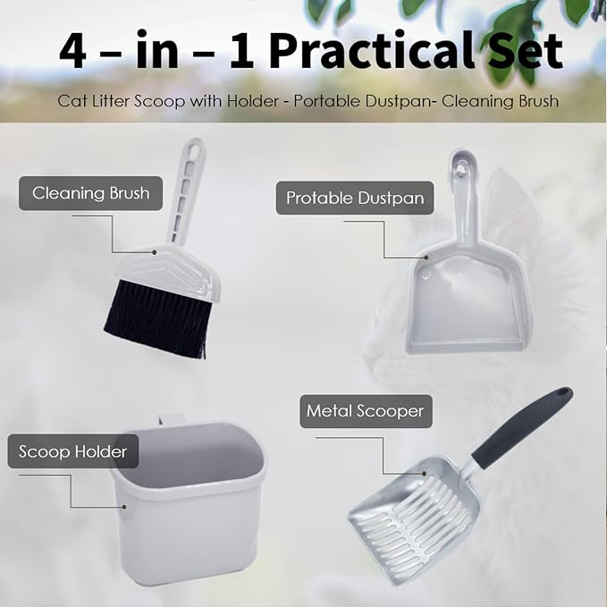 4-in-1 Cat Litter Scoop with Holder, Metal Litter Scoop Includes Portable Small Broom and Dustpan Set, Heavy Duty Stainless Steel Kitty Litter Scooper (Black)
