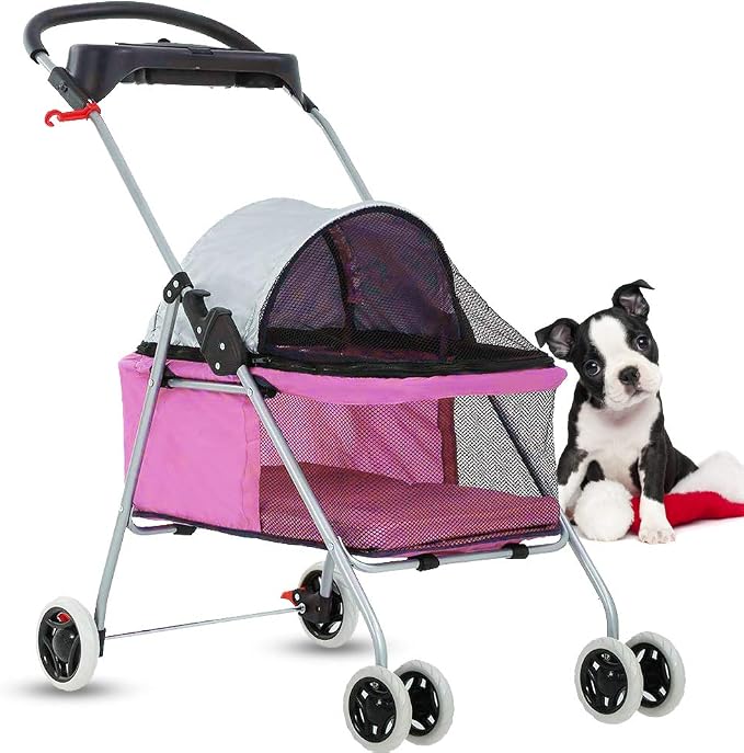 4 Wheels Pet Stroller,Dog Cage Protable Travel Folding Carrier Cart Waterproof Buggy Doggie Dog Stroller Jogger with Cup Holders for Small-Medium Pink