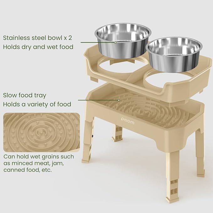3-in-1 Elevated Dog Bowls with Adjustable Stand, Slow Feeder & 2x56oz Bowls