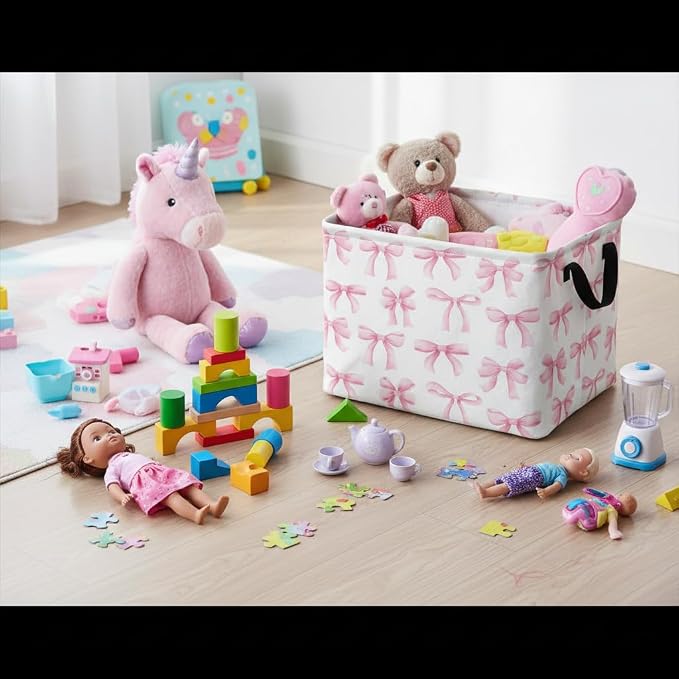 Rectangular Baby Kids Storage Basket for Home Kitchen Girls Cute Toy Storage Bin Organizer Shelf Book Room Decor(Bowknot)