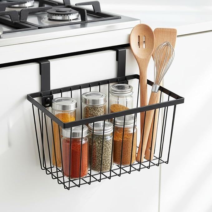 LeleCAT Grid Storage Baskets with Hooks, Over Cabinet Door Organizer, Wire Basket Hanging Storage Organizer, Kitchen Bathroom Organizer (Black, Large)