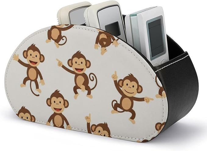 5 Compartment Remote Control Holder Monkey Cartoon Animal Storage Caddy Box | Pu Leather Desktop Organizer, Monkey Cartoon Animal Cute, Fit for TV Remotes, Media Player, Brush, Office Accessories