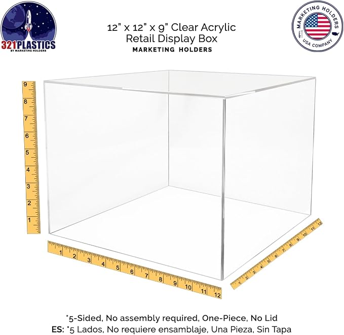 12" x 12" x 9" Clear Acrylic Display Box with One Open Side No Lid Versatile Square Dust Cover Retail Product Riser or Merchandise Storage Bin by Marketing Holders