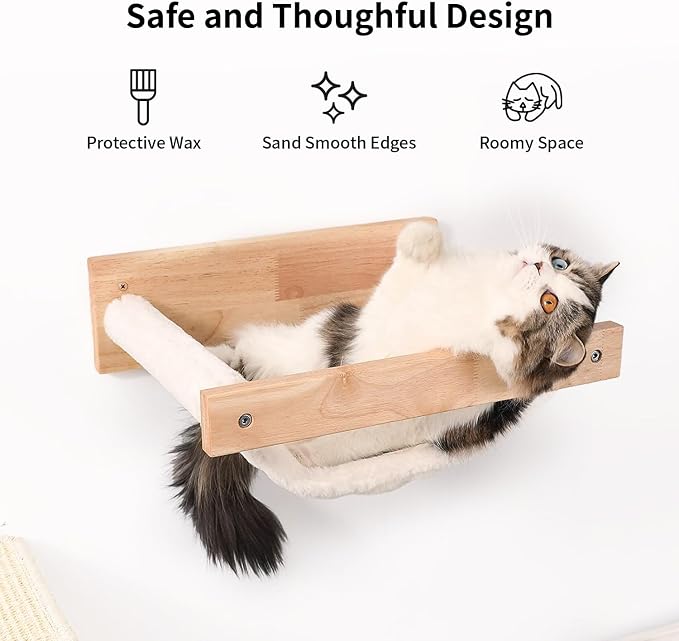 FUKUMARU Wall Mounted Cat Hammock | Wooden Kitty Beds and Perches Stable Cats Shelves For Sleeping, Playing, Climbing, Lounging