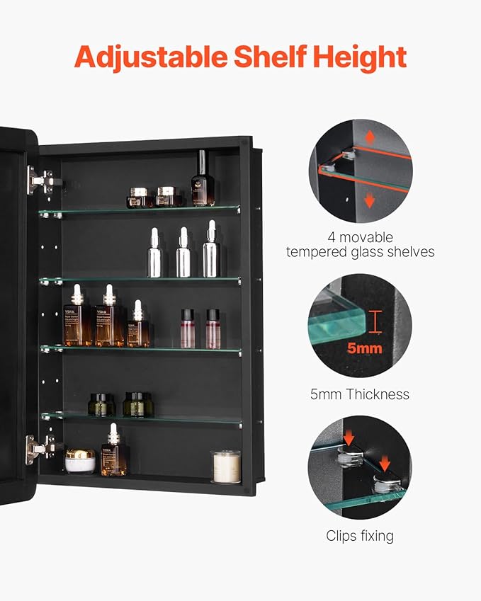 VEVOR Medicine Cabinet, 20 x 30 inch, Medicine Cabinet for Bathroom with Mirror, Aluminum Frame Bathroom Wall Cabinet, 4-Layer Adjustable Shelves, Recessed & Wall-Mounted Installation