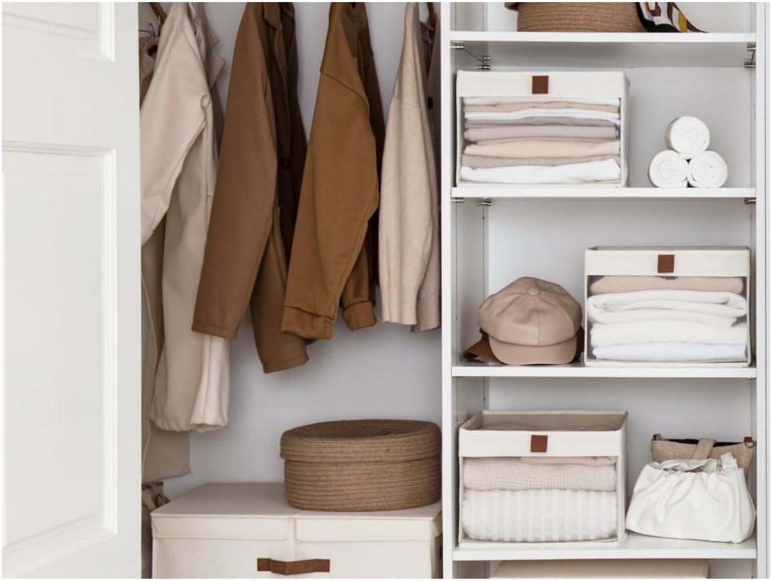 StorageWorks Fabric Storage Bins, Linen Closet Organizer, Beige, 3-Pack | See-Through Mesh Front, Soft Leather Handles, Flip to Show/Hide, For Closet, Shelves, Holds Clothes, Towels, Blankets, Toys
