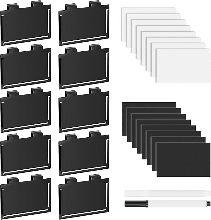 SpaceAid 10 Pack Pantry Basket Labels Clip on for Storage Bins, with 20 Label Cards, Kitchen Bin Label Tags, Removable Home Metal Bin Organization, Black and White Chalk Included (Black)