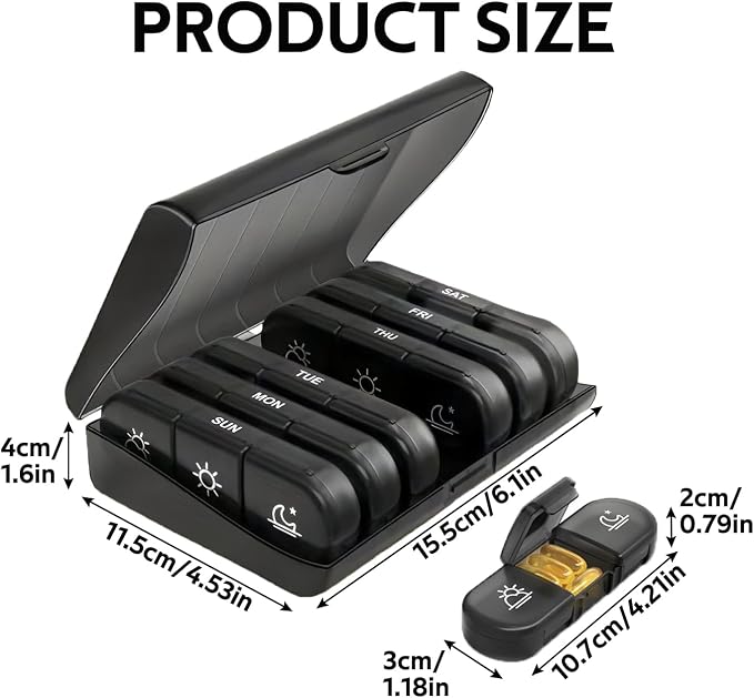 Weekly Pill Organizer 3 Times a Day, 7-Day Pill Boxes, Monthly Medication Organizer 21 Days Portable Compartments & Moisture-Proof Outer Case for Vitamins, Fish Oils, Supplements (Black)