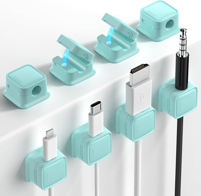 8 Pack Cord Organizer, Magnetic Cable Clips, Under Desk Management, Blue | 0.27in Cable Compatible,Strong Adheive Wire Holder Keeper,Easy Open Phone Charger Holder for Home Car Desk Nightstand Office