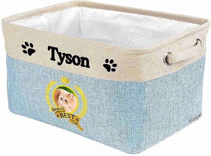 Custom Name Collapsible Dog Toy Storage Basket Bin World's Best Cat Elegant Persian Cat Foldable Pet Toy Box Closet Shelf Baskets Organizer for Bedroom Home Dog Cat with Handles Blue