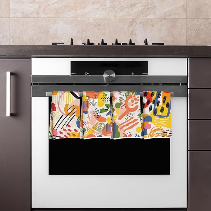 4 Pcs Abstract Art Bohemia Kitchen Towels, Colorful Pattern Decorative Absorbent Microfiber Dish Cloth Tea Towel, Waffle Soft Hand Towels for Farmhouse Home Bathroom Decor, Housewarming Gifts