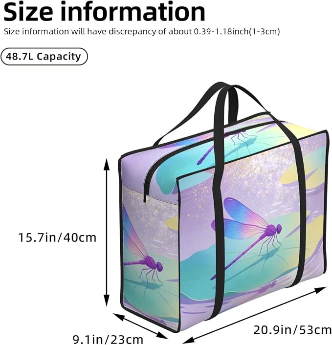 Reusable Grocery Tote Bag Pastel Watercolor Dragonfly On Lily Pad, Extra Large Oxford Fabric Foldable Shopping Tote with Zipper for Grocery and Daily Use