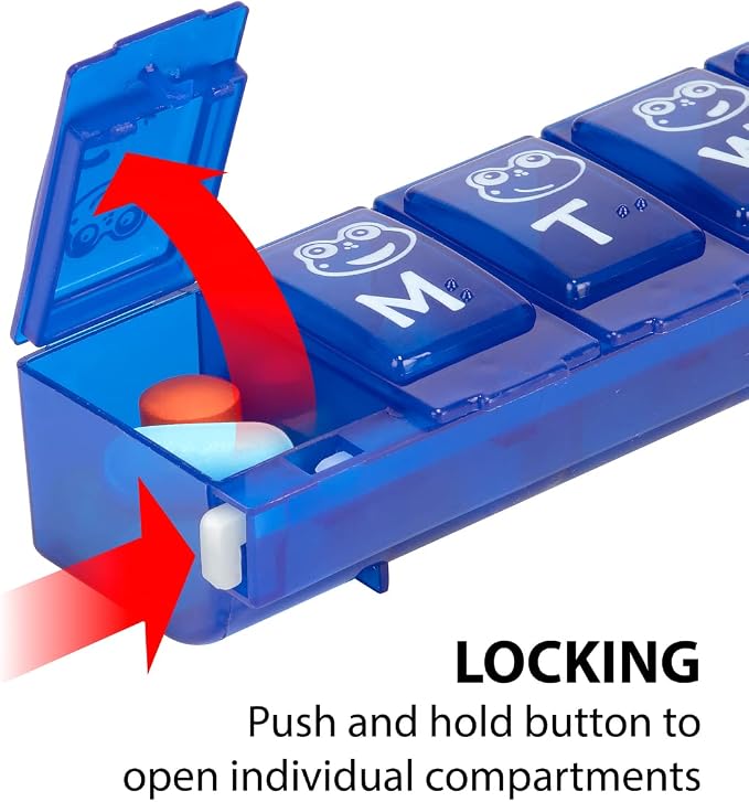 EZY DOSE Kids Weekly (7-Day) Pill Case, Medicine Planner, Vitamin Organizer Box, Large Locking Compartments to Secure Prescription Medication and Prevent Accidental Spilling, Color May Vary, BPA Free | Vitamin & Supplement Medicine Box for Kids, Conven...